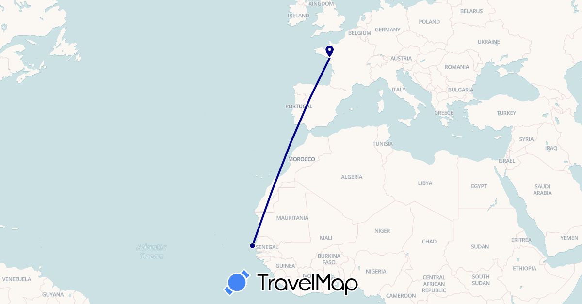 TravelMap itinerary: driving, cycling in France, Senegal (Africa, Europe)